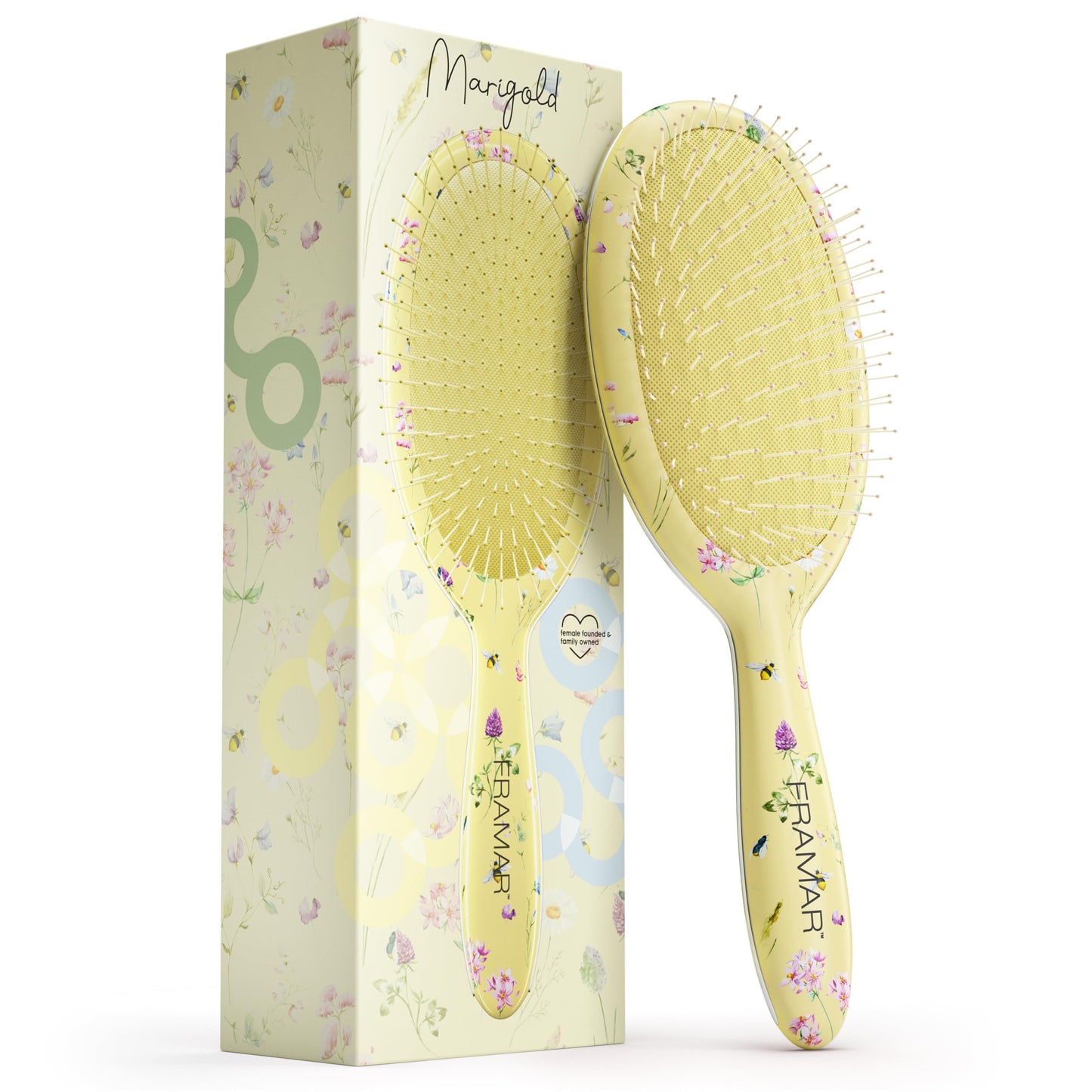 FRAMAR Framar No More Tangles Hairbrush - Detangle Hair Brush for Women, Men & Children, Detangler Hair Brush, Wet Detangle Hair Brush For Curly Hair - Floral Yellow