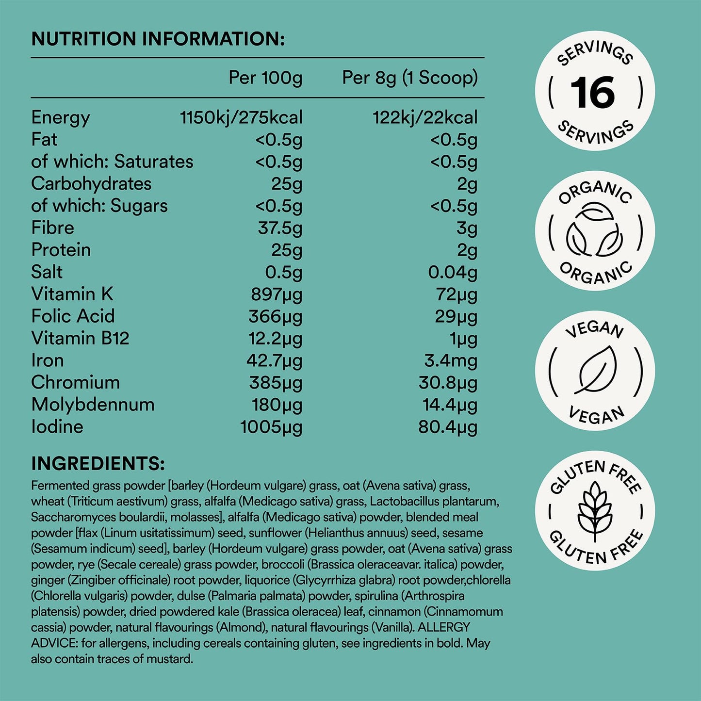 Greens Powder with Barley, Kale, Chlorella & Spirulina – Organic Vegan Superfood for Skin, Gut & Immune Health – High Fibre Detox Support – Udo's Choice Beyond Greens – 16 Servings