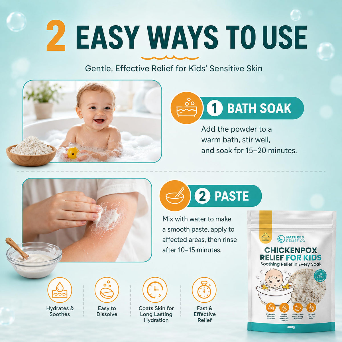 Natures Relief Co Chickenpox Relief Treatment | Colloidal Oatmeal & Calamine | Oatmeal Bath Soak for Chicken Pox Relief Kids - Colloidal Oats Bath for Itchy Skin| Made in UK | 300g