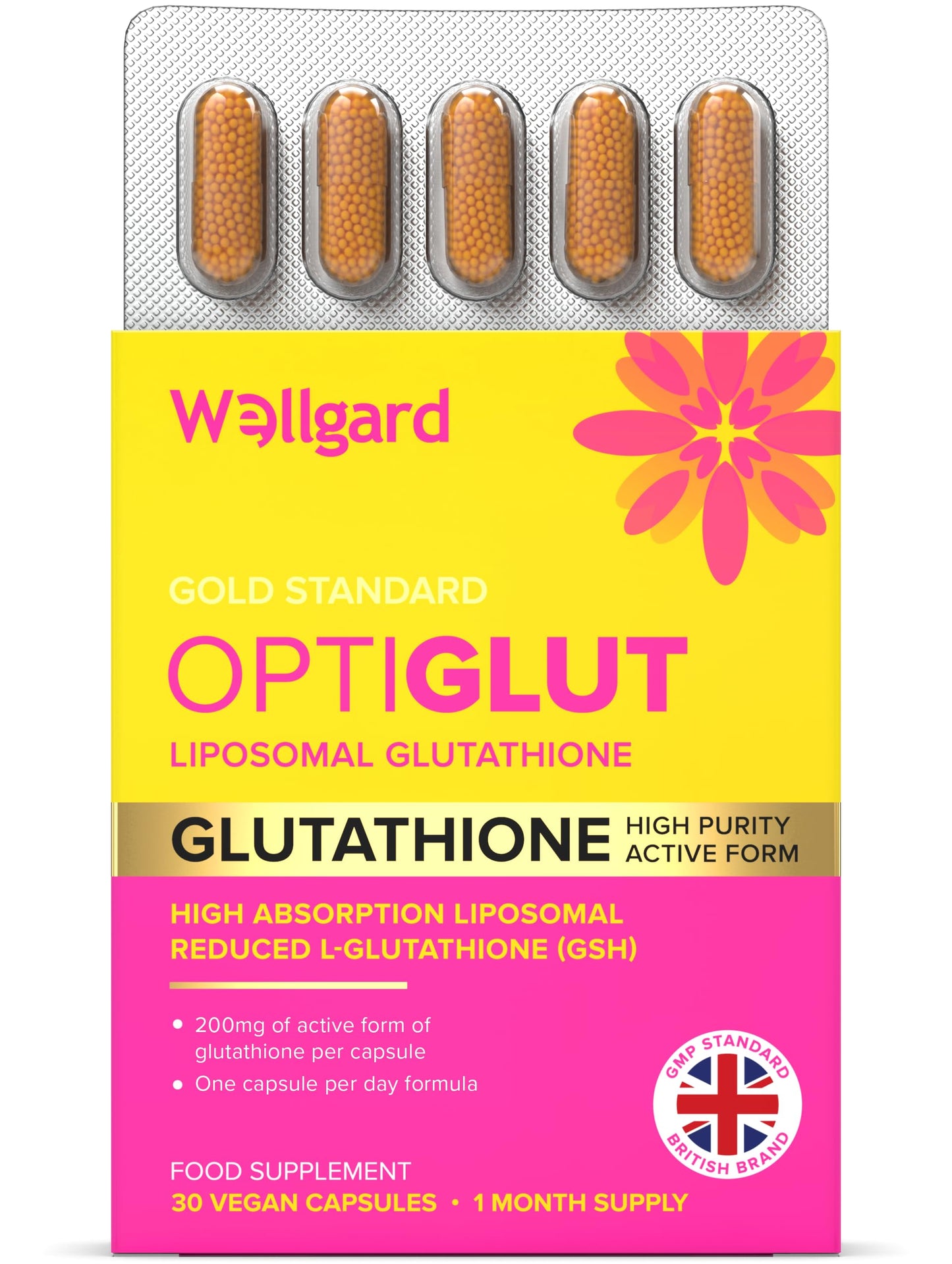 Liposomal Glutathione 200mg, Wellgard Optiglut - High Absorption Reduced L-Glutathione (GSH) - One-a-Day Vegan Capsules, 30 Capsules