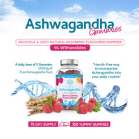 swiss bioenergetics Ashwagandha Gummies - 150 Natural Raspberry Flavoured Chewable & Yummy - 1200mg High Strength Serving with 5% Withanolides - 75 Day Supply - UK Made