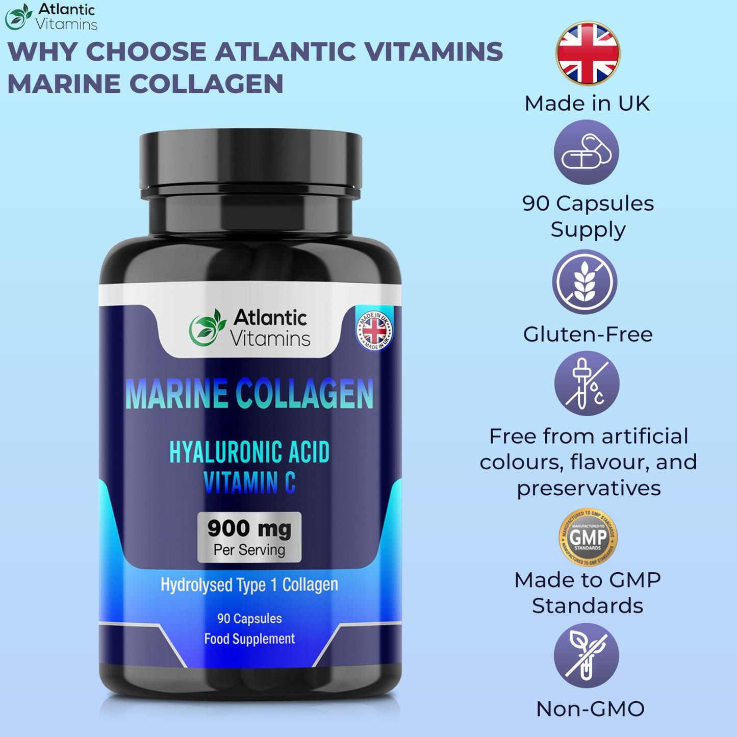 Atlantic Vitamins Marine Collagen 900 mg - High Strength 90 Capsules Collagen with Hyaluronic Acid and Vitamin C for Skin, Joints and Hair - Type 1 Hydrolysed Collagen Supplements for Women & Men - UK Made