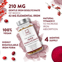 AAVALABS Gentle Iron Supplements for Women and Men - 42 mg Iron Tablets high Strength with Natural Vitamin C - Active Form - bisglycinate - Fatigue Supplements with high bioavailability - 120 Capsules
