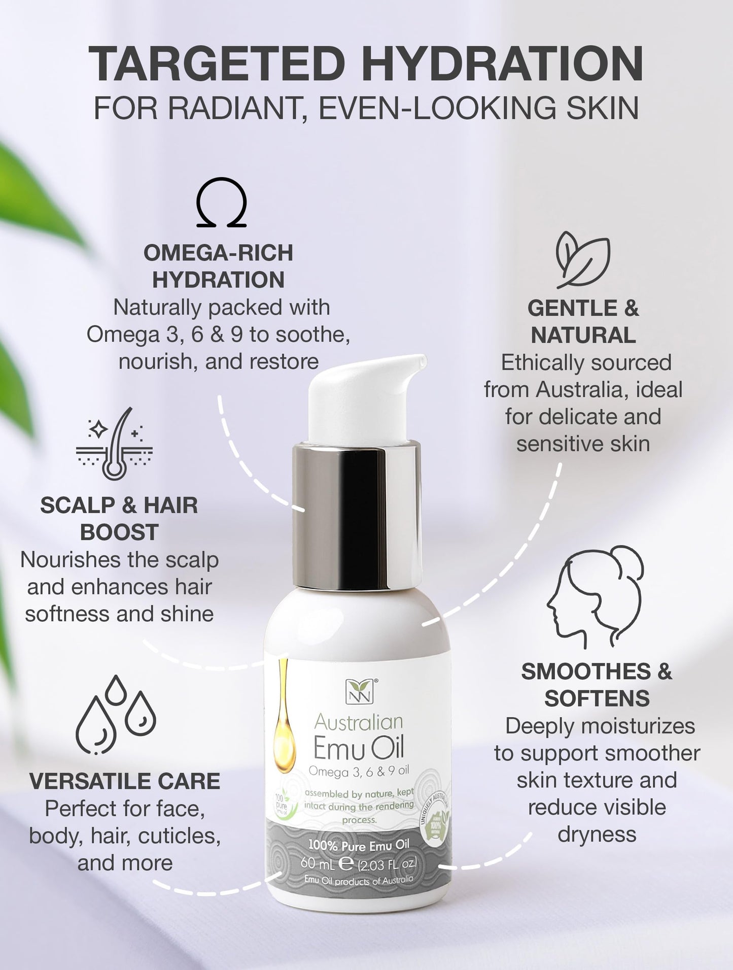Y Not Natural Emu Oil for Skin & Hair - Scalp, Nails, Hair, Face and Body Oil Infused with Omega 3, 6, 9, Vitamins, & Minerals - 60mL Unscented Body & Face Serum for Fine Lines, Stretch Marks, Dry Lips & Cuticles