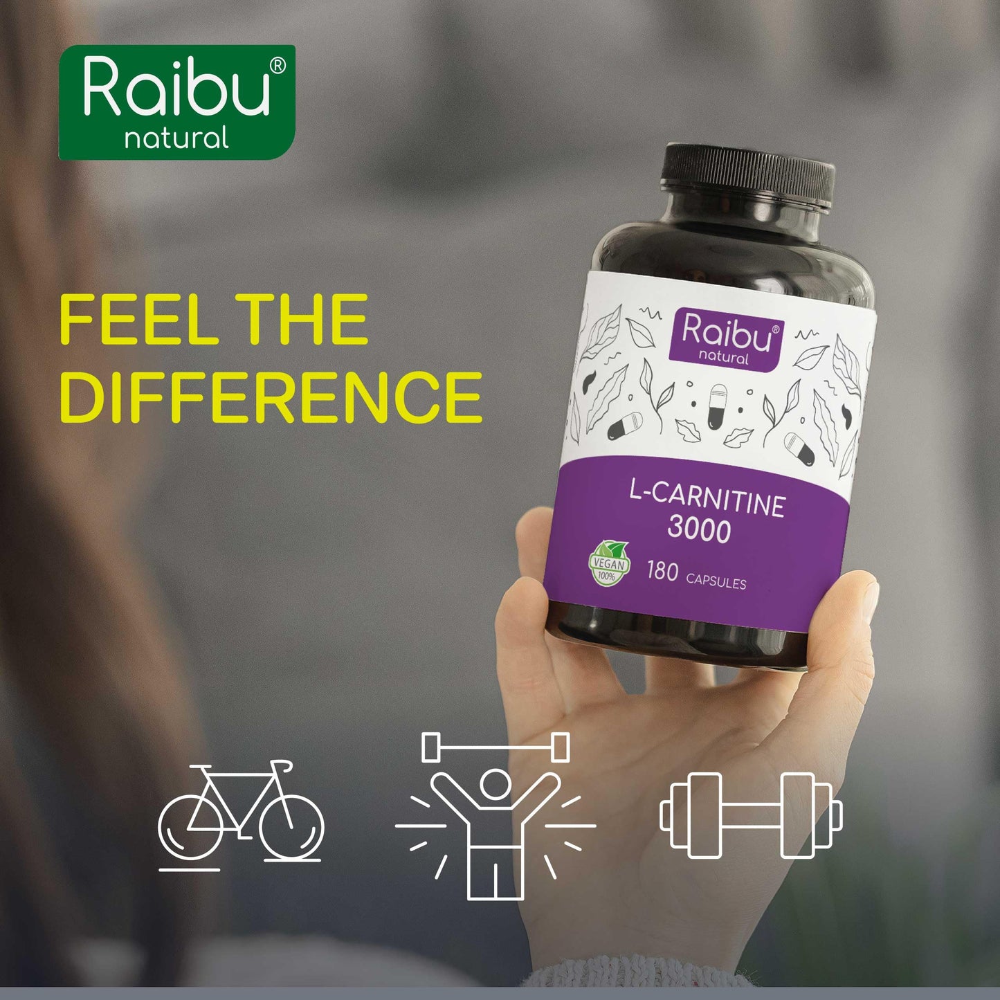 L-Carnitine 3000-180 High-Strength Capsules with Vitamin C - L-Carnitine Tartrate 3000mg per Daily Dose - Energy & Metabolism Support - Vegan, Natural & Laboratory Tested - Raibu