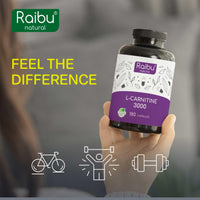 L-Carnitine 3000-180 High-Strength Capsules with Vitamin C - L-Carnitine Tartrate 3000mg per Daily Dose - Energy & Metabolism Support - Vegan, Natural & Laboratory Tested - Raibu