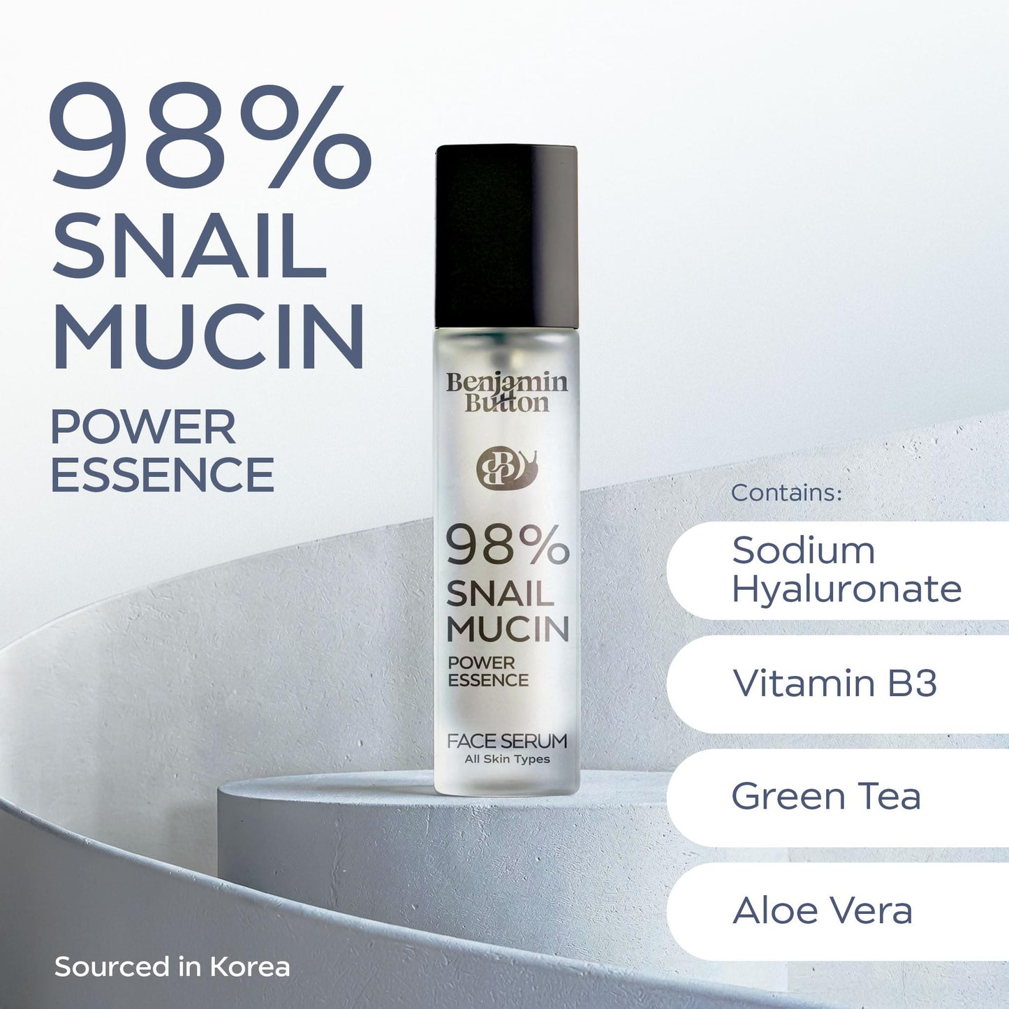 Benjamin Button 98% Snail Mucin Serum - Hydrating, Anti-Aging, & Brightening with Hyaluronic Acid, Niacinamide, Green Tea, Aloe Vera | Ideal for Sensitive Skin & All Skin Types