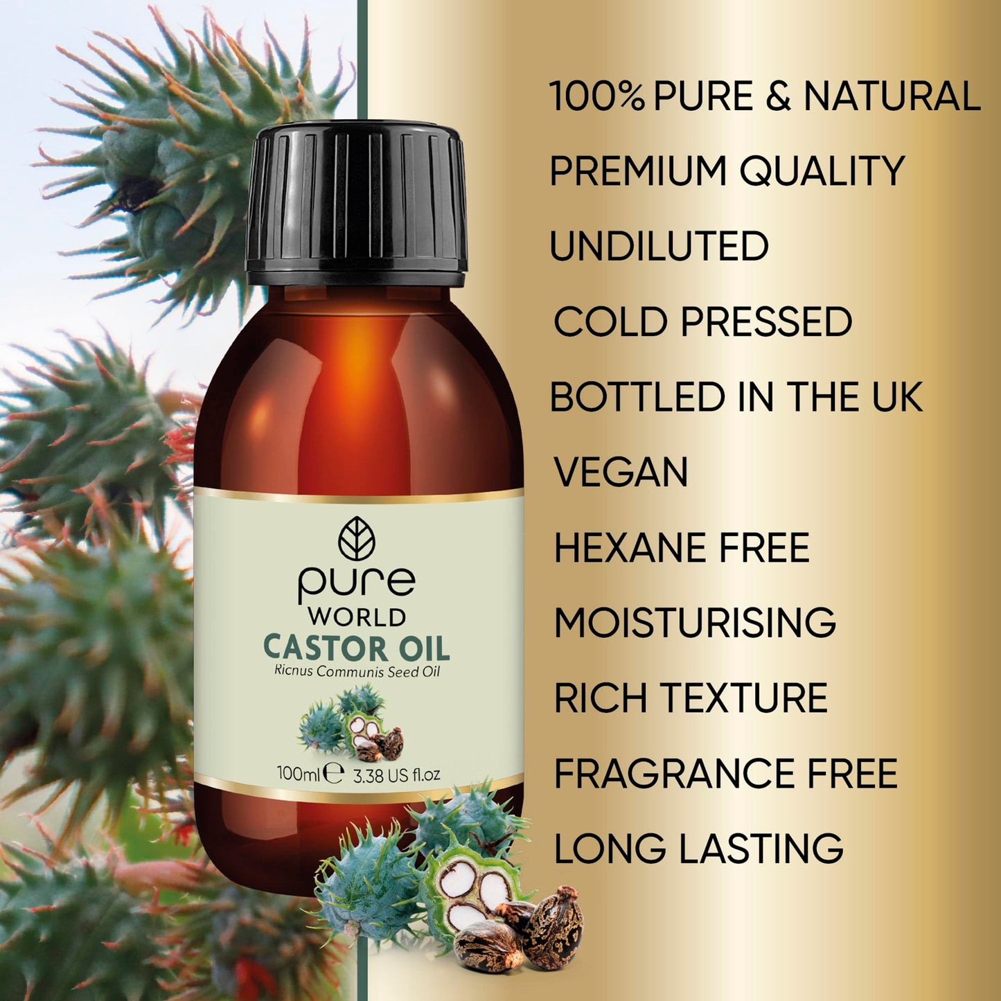 Pure World Natural Castor Oil 100ml. Cold & Freshly Pressed 100% Pure and Undiluted Hexane Free for Eyebrows, Nails, Beard, Hair, Eyelash Growth Cruelty Free Food Grade