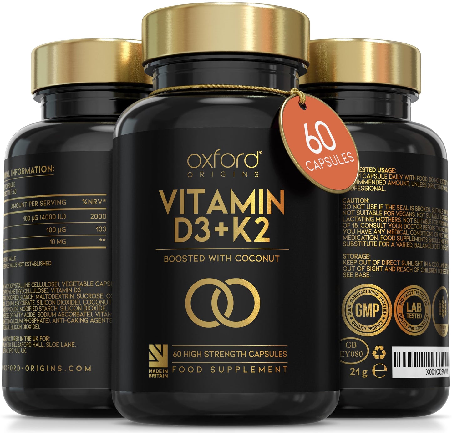 Oxford Organics Vitamin D3 K2 Capsules - 4000 IU Vitamin D & 100mcg Vitamin K MK7 - Boosted with Coconut MCTs for Absorption | High Strength Vitamin D and K2 Capsules | UK Made & Vegetarian