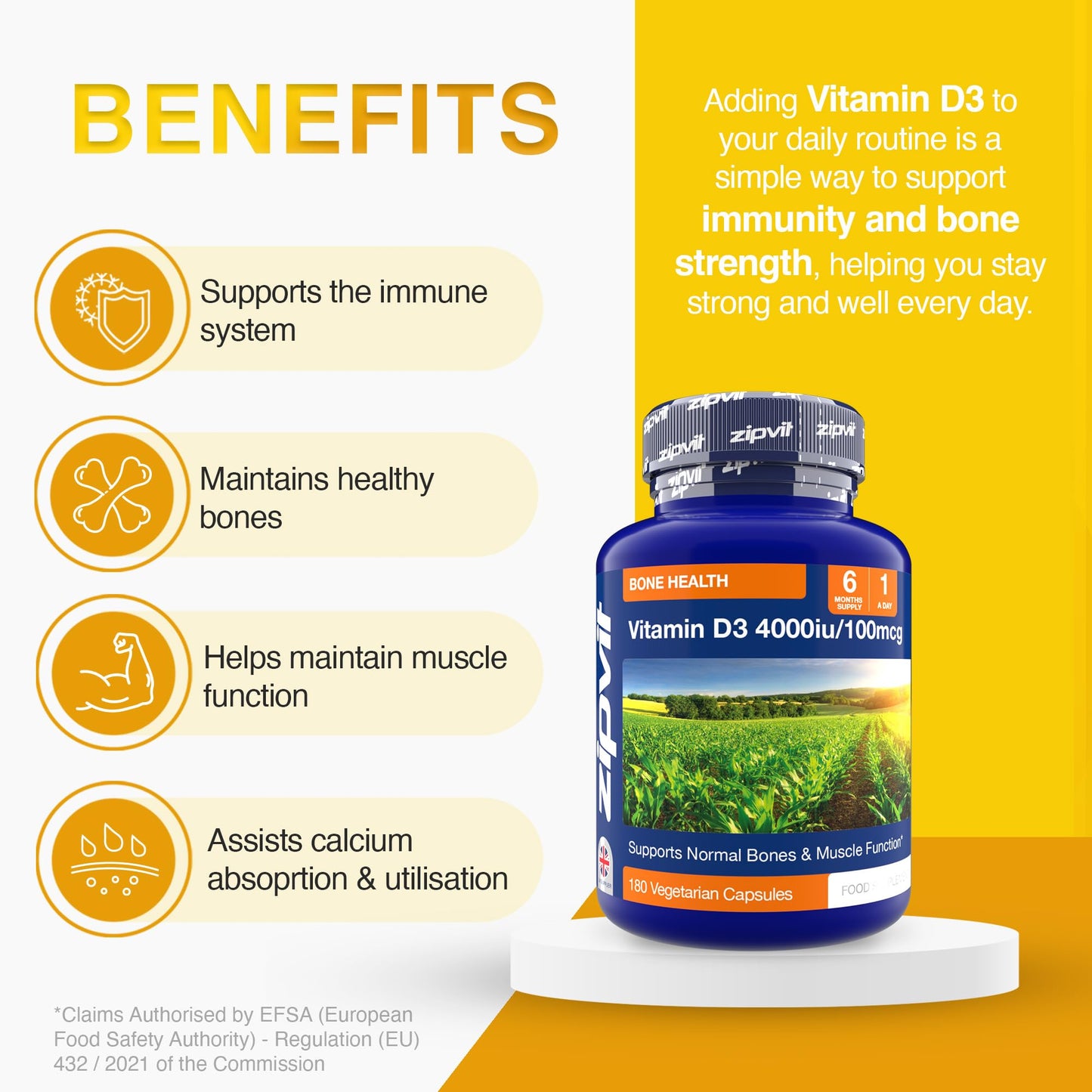 Zipvit Vitamin D3 4000IU Softgels, High Strength Vitamin D Supplement, Immune Support, 6 Months Supply, 180 Vegetarian Easy to Swallow Softgels