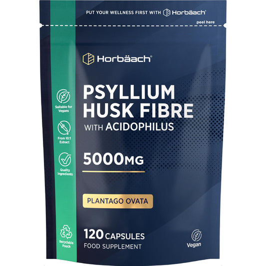 Horbäach Psyllium Husk Capsules 5000mg with Acidophilus | Natural Soluble Fibre Supplement with Biotic | Plantago Ovata Seed Husk Extract | 120 Vegan Capsules | by Horbaach