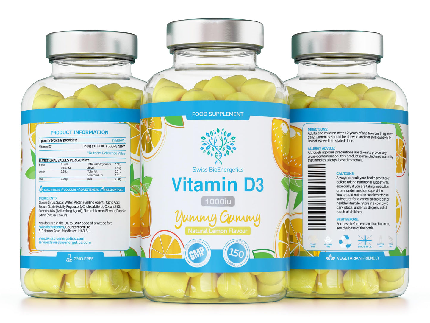 swiss bioenergetics Vitamin D3 Gummies 25µg 1000IU - 150 Natural Lemon Flavour Chewable Yummy Gummies - 5 Month Supply - Made in The UK