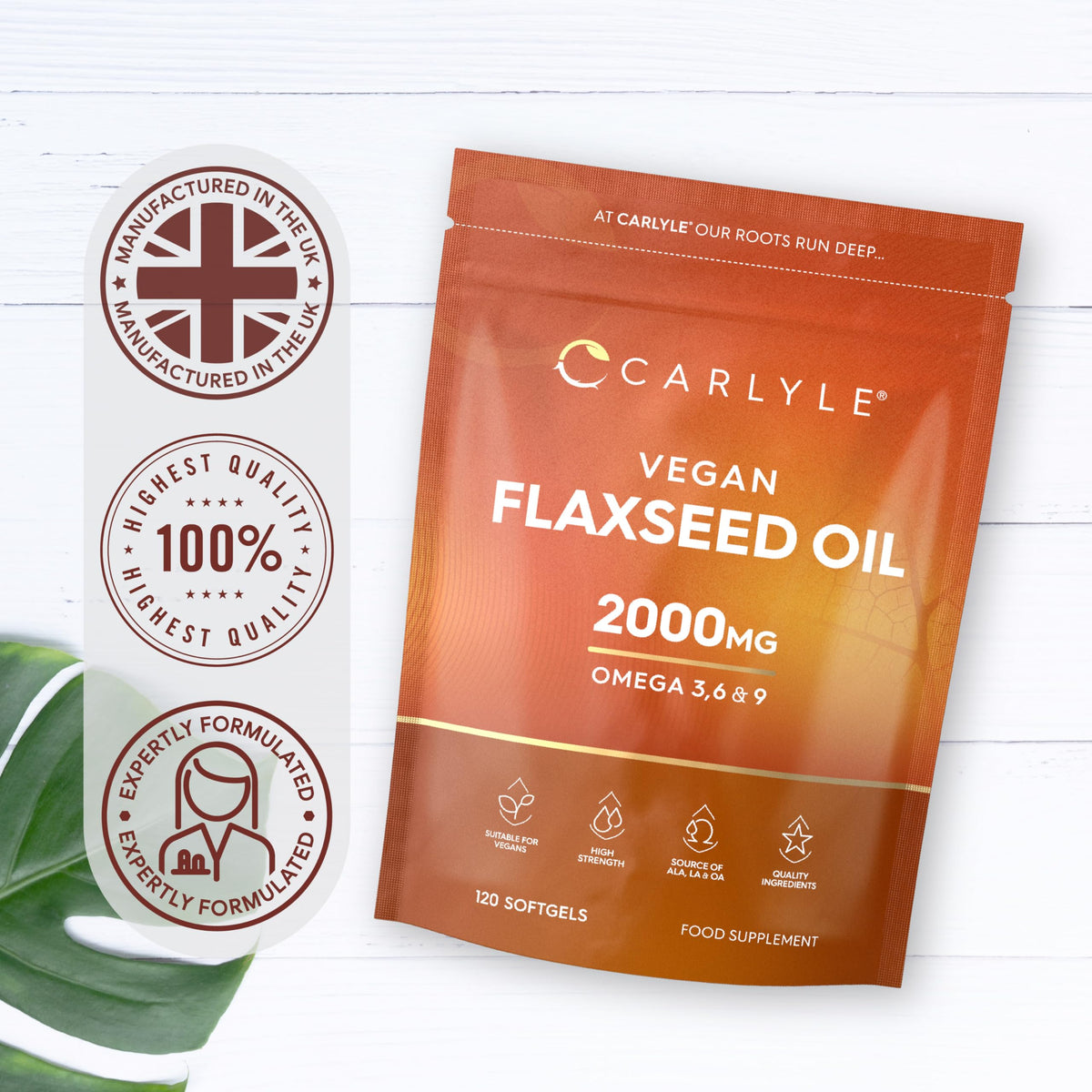 Flaxseed Oil Capsules 2000mg | 120 Vegan Softgels | High Strength Supplement with Omega 3 6 & 9 | Cold Pressed | By Carlyle