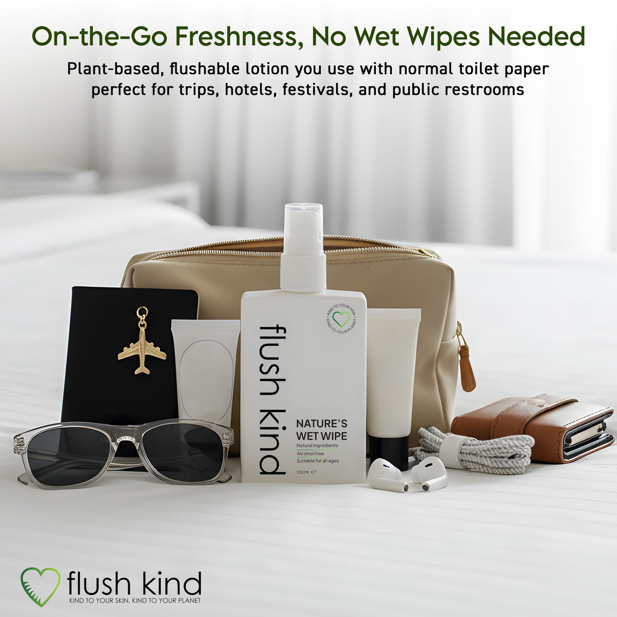 FLUSH KIND KIND TO YOUR SKIN, KIND TO YOUR PLANET Flush Kind® Toilet Wipe Gel Lotion, Eco-Friendly, Flushable Toilet Wipe Alternative, Moist Wipe, Cleansing, Vegan, Cruelty Free 100ml