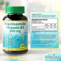 Vitamin B3 500 mg 240 Capsules Niacinamide Dietary Health Food Supplement for Flush Free Skin by Next Gen U