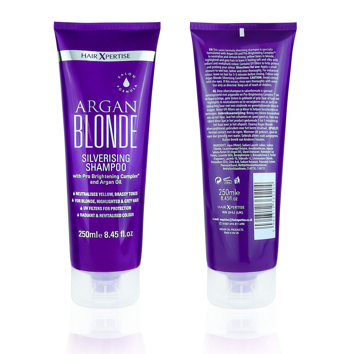 Argan Blonde No Yellow Purple Shampoo & Conditioner For Blonde, Grey & Highlighted Hair (250ml Duo) Silverising Shampoo With Argan Oil To Remove Yellow & Brassy Tones