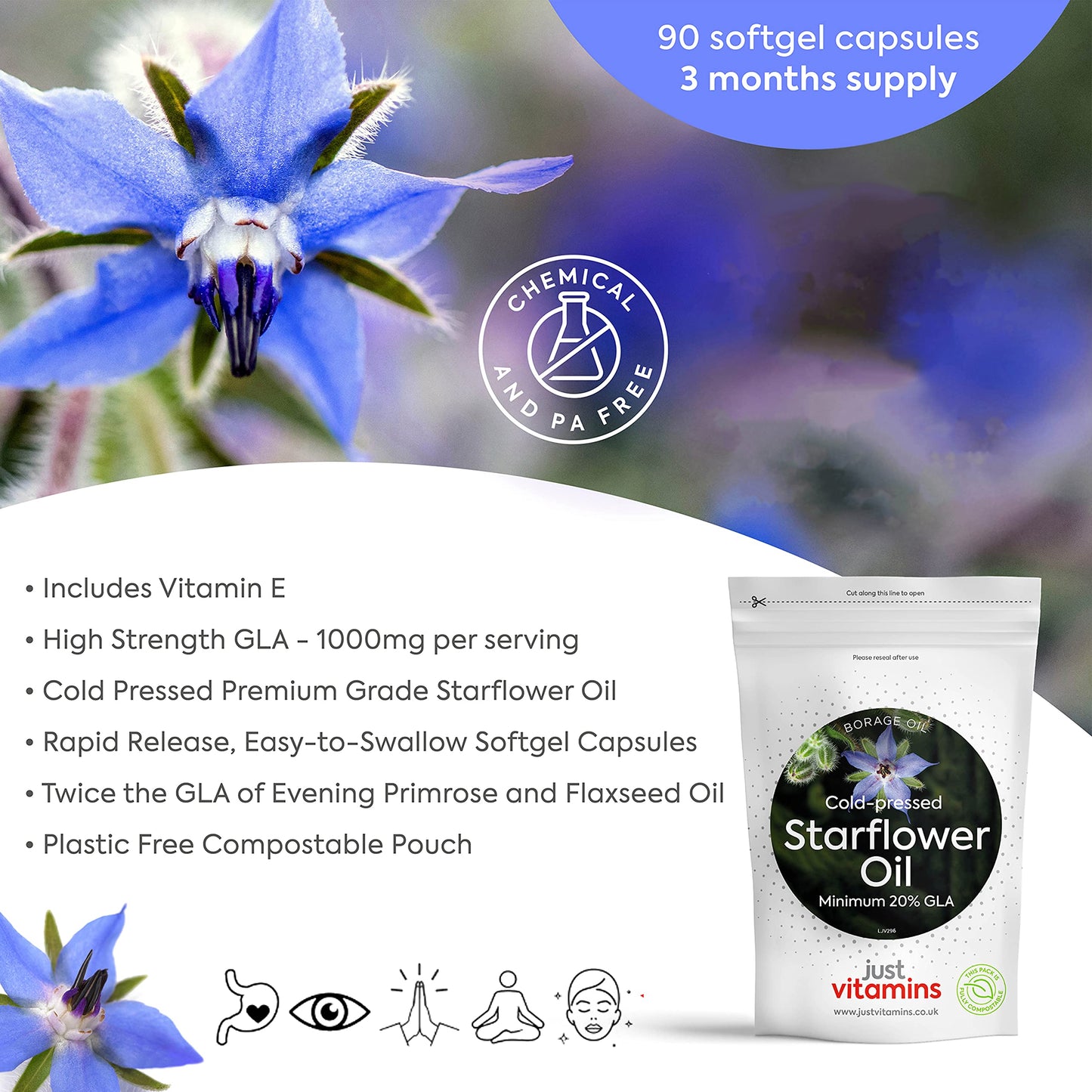 Just Vitamins Starflower Oil Capsules 1000mg/Borage Oil x90 Soft Gels, Cold Pressed High Strength GLA with Vitamin E - 3 Month Supply - x2 The GLA Level of Evening Primrose Oil Capsules - UK Made Supplements