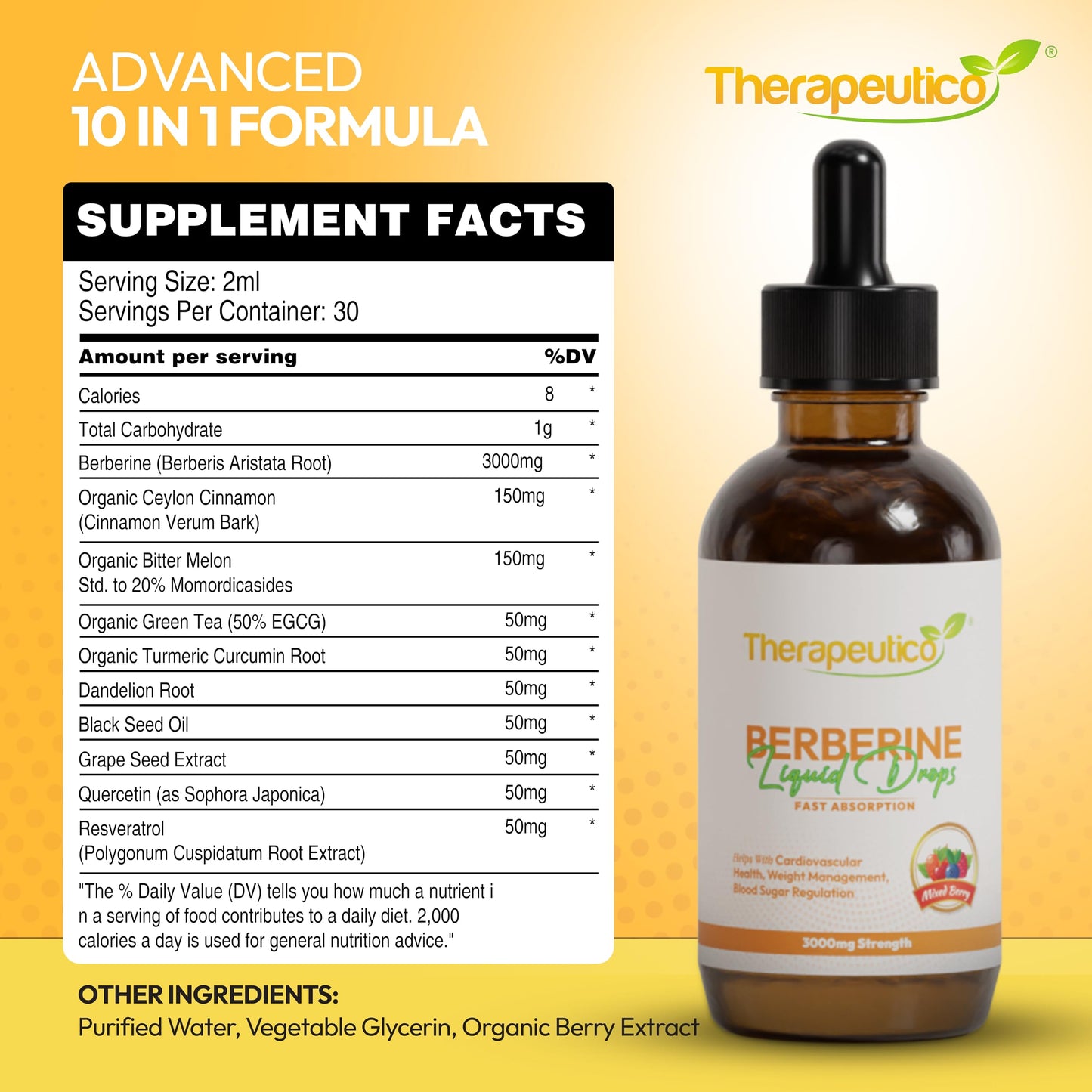 Therapeutico Berberine Supplement Liquid Drops | 3000mg | Mixed Berry Flavour | 99% Bio-Availability | Vegan | 60ml