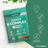 Horbäach Vitamin B Complex | 365 Tablets | 100% NRV of All B Vitamins B1, B2, B3, B5, B6, B12, Folic Acid and Biotin | Vegan Supplement | by Horbaach