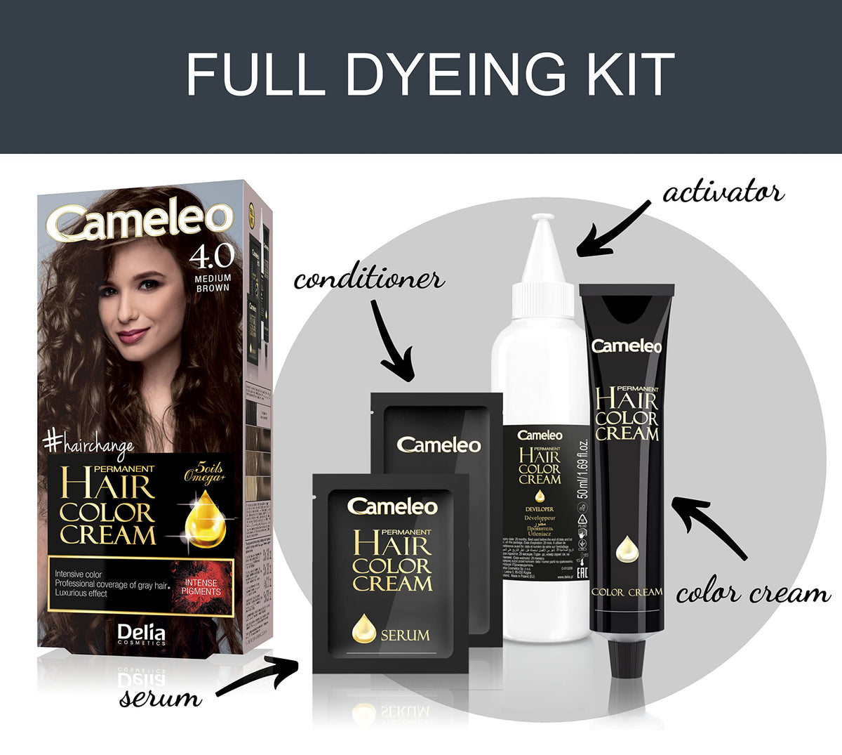 Delia Cosmetics Cameleo - Permanent Hair Colour Cream - Medium Brown - Intensive Color & Protection - 5 Oils + Omega Plus Acids - Professional, Luxurious Hair Dye - Full Kit
