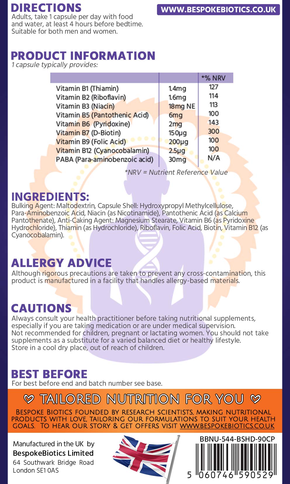 Bespoke Biotics Vitamin B Complex 100% |120 Caps | Energy| Mood| Nerves| Digestion |Added PABA Includes Essential Multi B-Vitamins B1, B2, B3, B5, B6, B12, Biotin & Folate100 NRV Daily Supplement | UK Made|