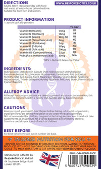 Bespoke Biotics Vitamin B Complex 100% |120 Caps | Energy| Mood| Nerves| Digestion |Added PABA Includes Essential Multi B-Vitamins B1, B2, B3, B5, B6, B12, Biotin & Folate100 NRV Daily Supplement | UK Made|