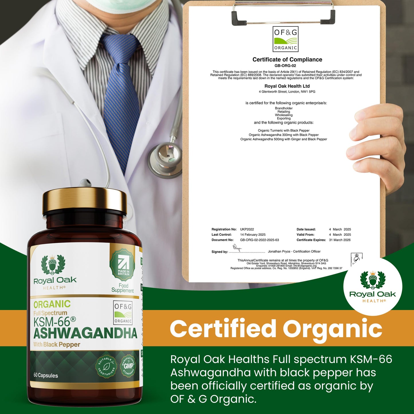 Organic High Concentration Full Spectrum KSM-66 ASHWAGANDHA with 5% Withanolides and Black Pepper, Made in Britain by Royal Oak Health, 60 Capsules