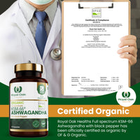 Organic High Concentration Full Spectrum KSM-66 ASHWAGANDHA with 5% Withanolides and Black Pepper, Made in Britain by Royal Oak Health, 60 Capsules