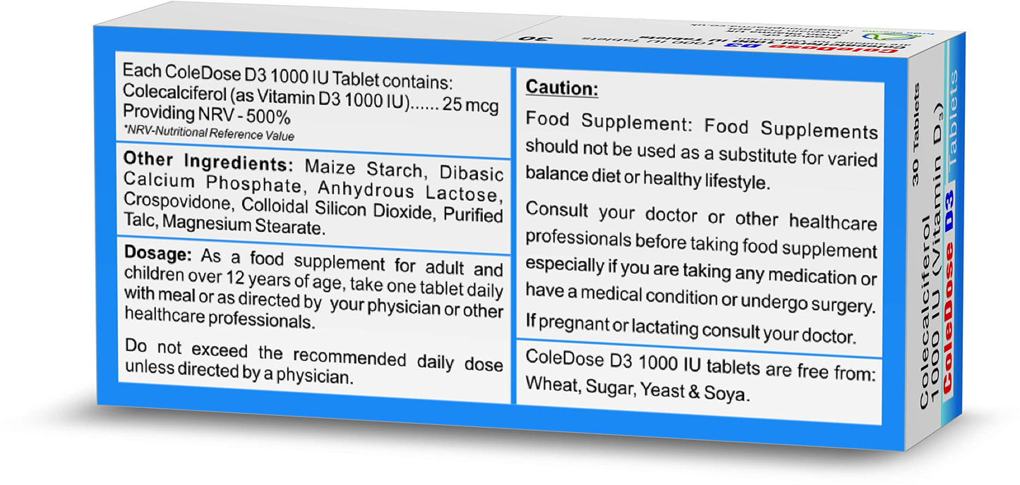 Vitamin D 1000 IU –Equivalent to 25 mcg - ColeDose D3, Premium Vitamin - Easy Swallow 30 Tablets- One a Day