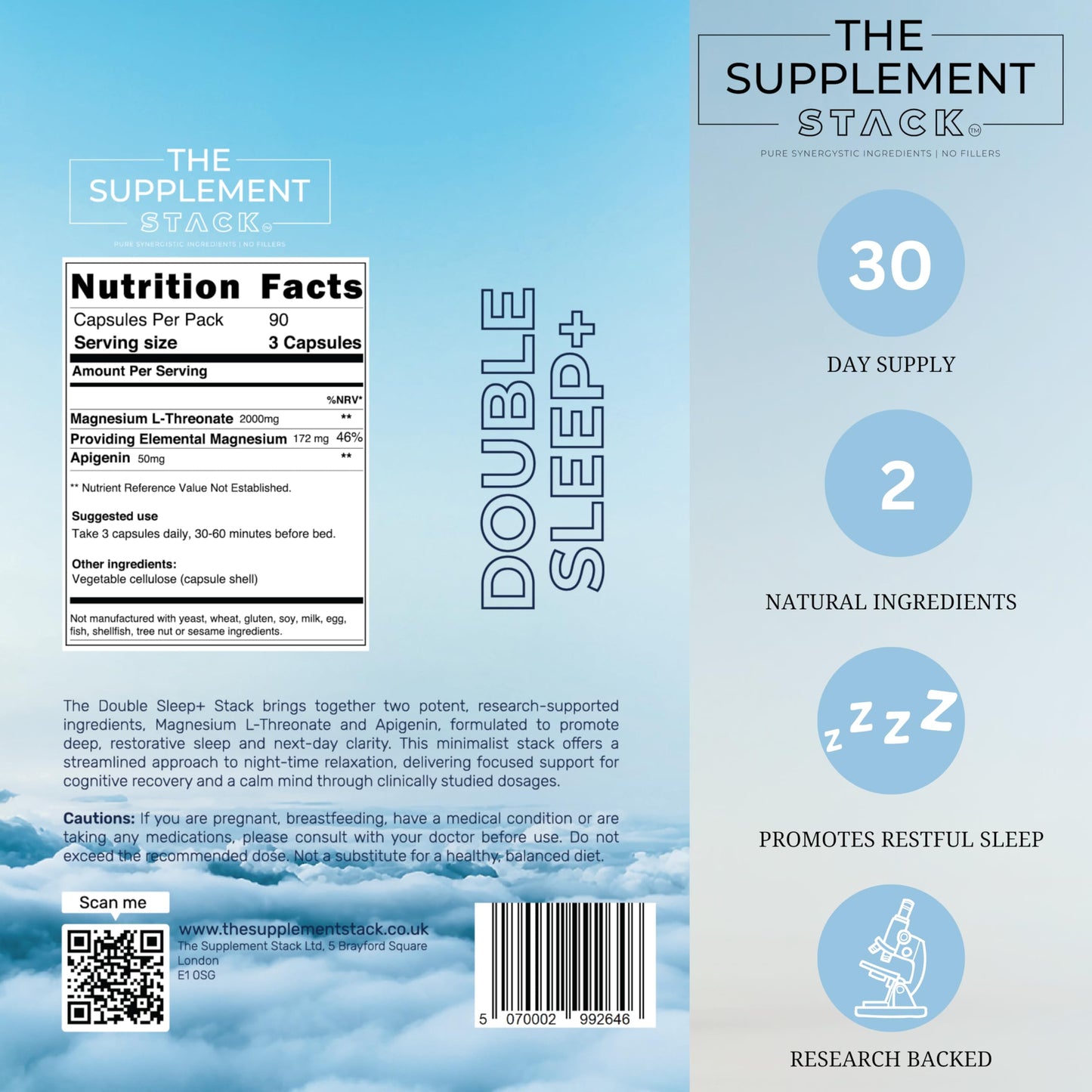 The Supplement Stack - Double Sleep+ - Magnesium L-Threonate & Apigenin - Natural Bedtime Stack for Deep Sleep, Night-Time Relaxation & Recovery - UK Company
