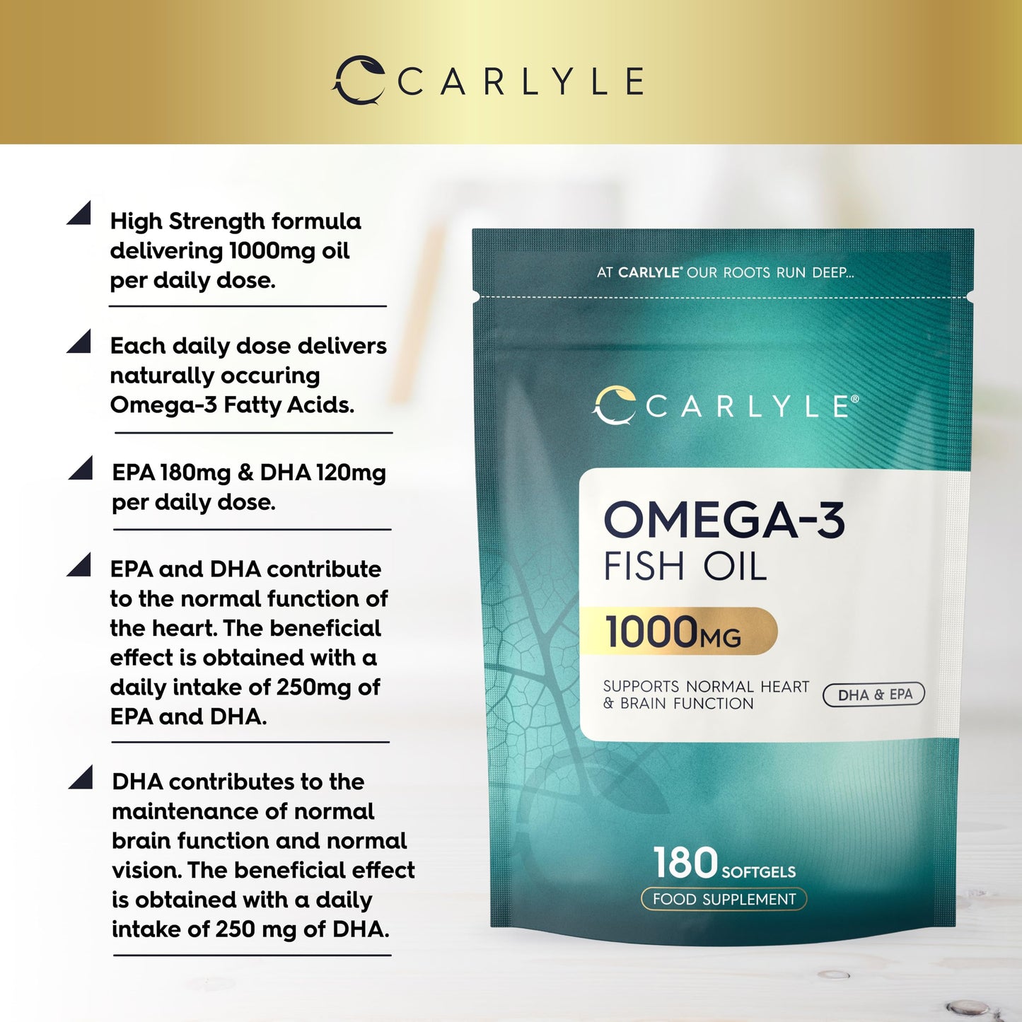 Omega 3 Fish Oil Capsules High Strength | Fatty Acids Supplement | 1000mg with 180mg of EPA and 120mg of DHA | 180 Softgels | by Carlyle