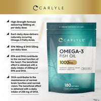Omega 3 Fish Oil Capsules High Strength | Fatty Acids Supplement | 1000mg with 180mg of EPA and 120mg of DHA | 180 Softgels | by Carlyle