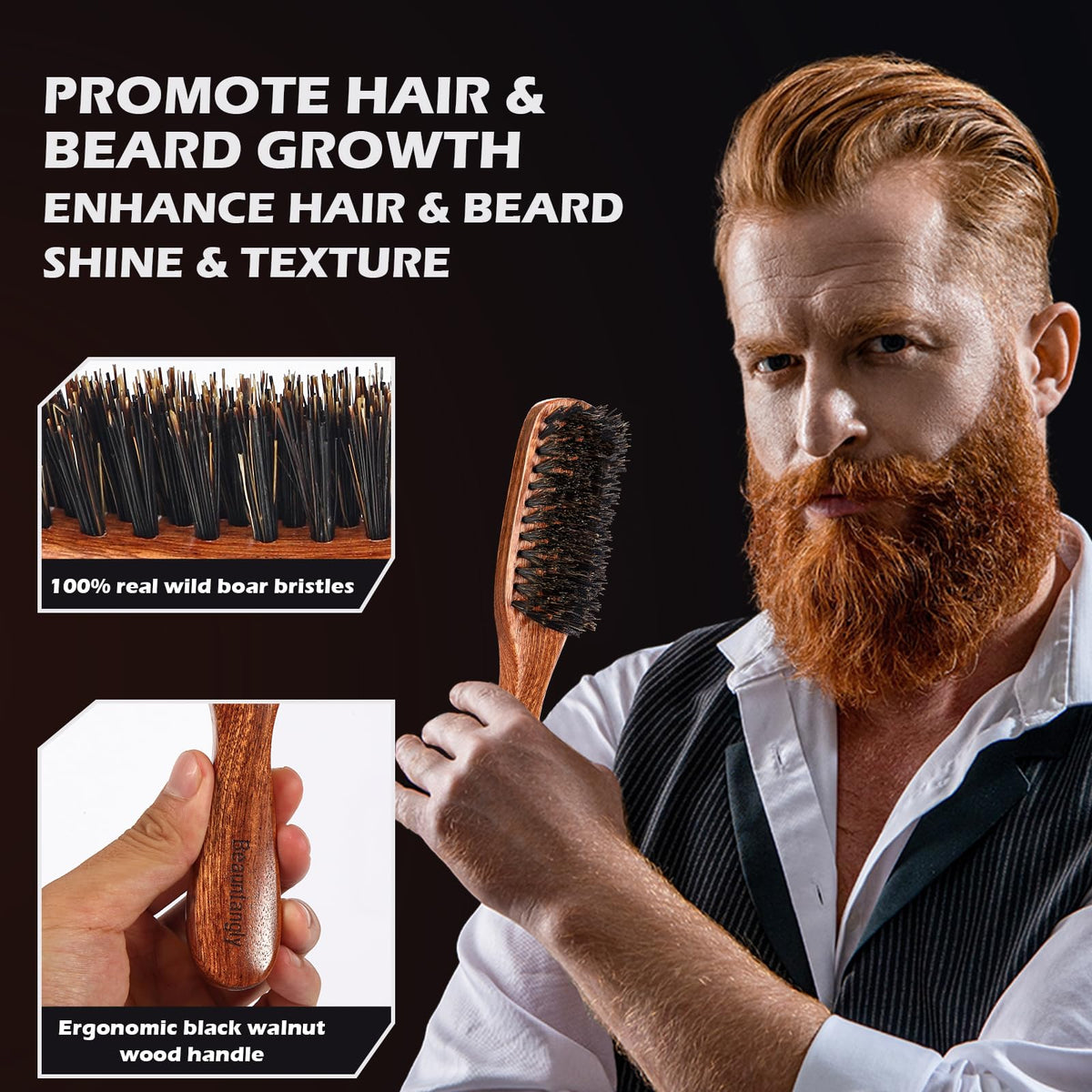 BEAUNTANGLY Hair Brush for Men, 100% Boar Bristle Hair Brush for Men Women’s Hair Smoothing, Styling, Detangling, Moisturizing, Adding Shine, Improving Blood Circulation, Promoting Hair Growth