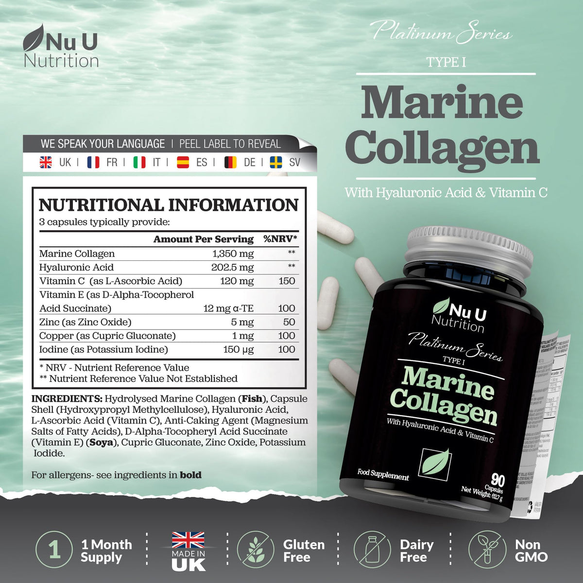 Marine Collagen with Hyaluronic Acid, Vitamin C - 90 Hydrolyzed Capsules (not Tablets) - Premium High Strength Collagen Supplements for Women & Men - Type 1 Marine Collagen - Nu U Nutrition