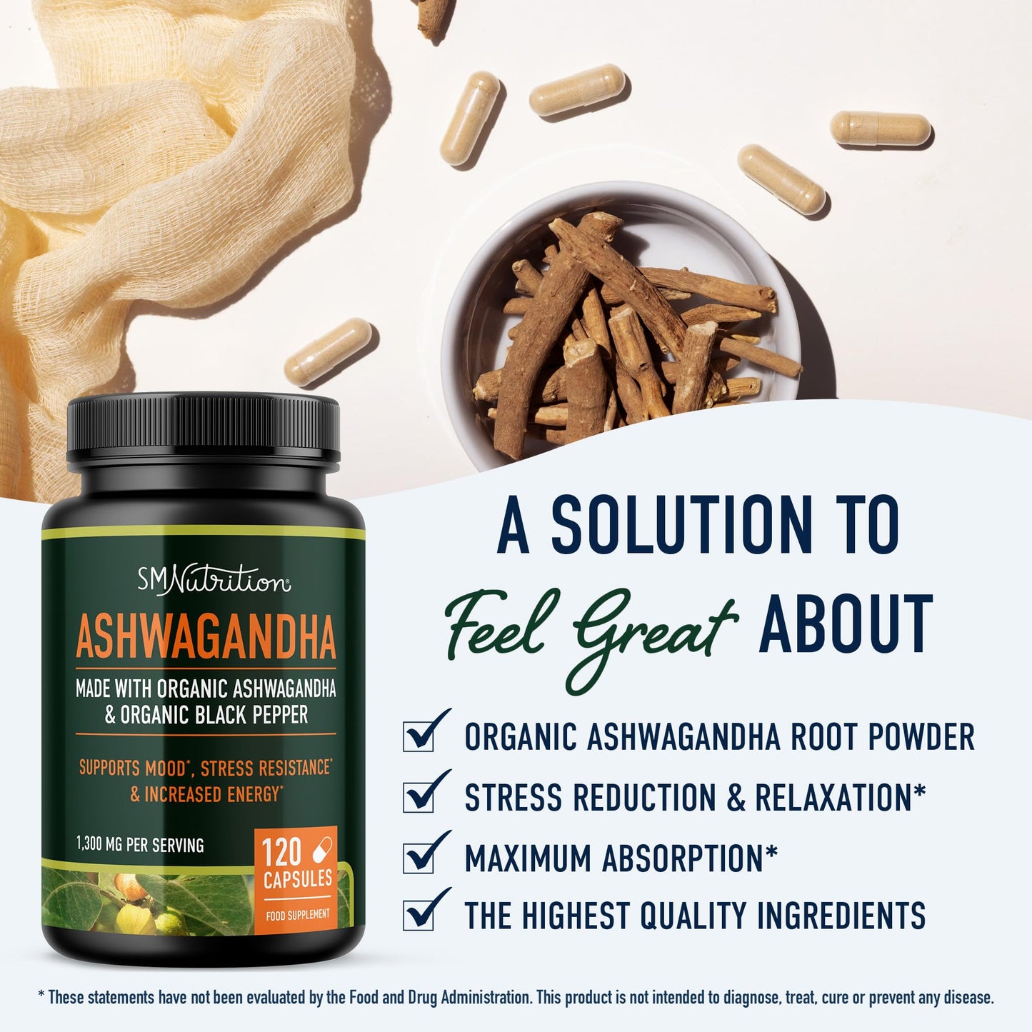 SMNutrition Ashwagandha 1300mg | Ashwagandha Root Powder & Black Pepper Extract | High Absorption Adaptogen for Stress Relief, Mood & Thyroid Support | Vegetarian, Gluten-Free | 120 Capsules, 2-Month Supply