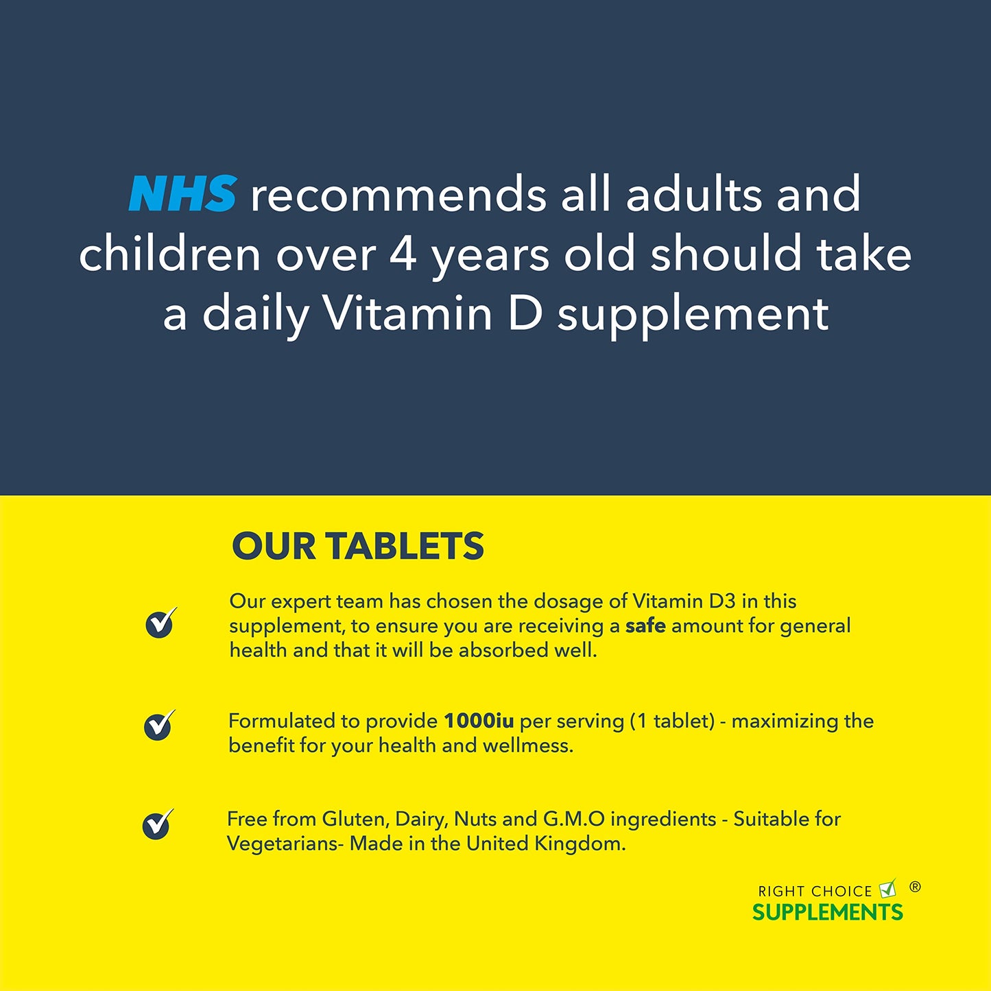 Right Choice Supplements Vitamin D 1000iu - 1 Year Supply, 365 Easy-Swallow Vitamin D Tablets, Vegetarian Vitamin D3 1000iu, Optimal Strength Immune Support Vitamin D Supplement