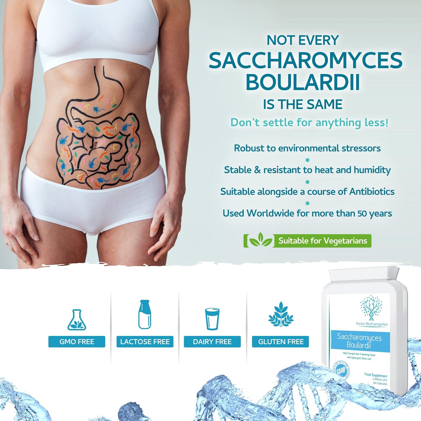swiss bioenergetics Saccharomyces Boulardii 5 Billion CFU 90 Capsules - No Refrigeration Required - High Strength Non-Colonising Yeast with synergistic Olive Leaf, Biotin and Vitamin D3