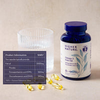 HIGHER NATURE Omega 3 1000mg Fish Oil Capsules - True Food® Formula - Eye Health & Brain - 180mg EPA - 120mg DHA - by Higher Nature - 90 Capsules