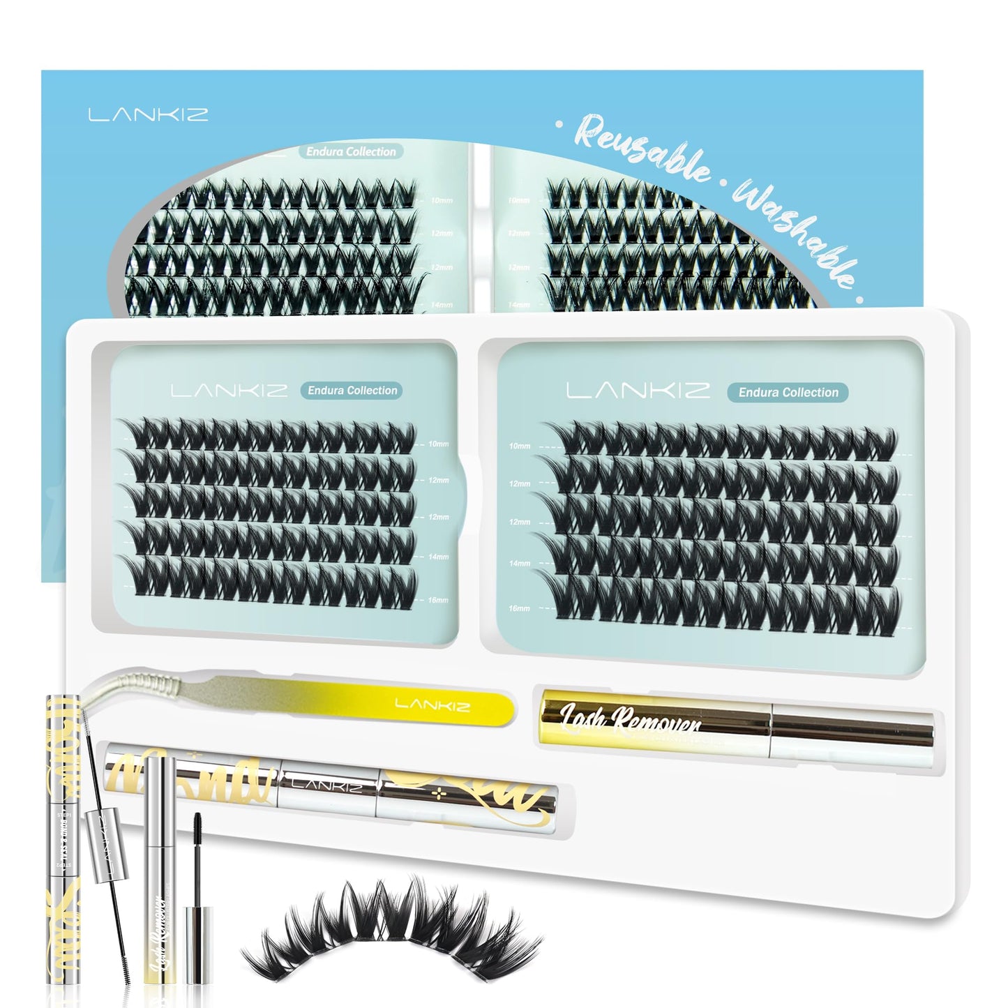 Cluster Lashes Kit - 10-16mm C Curl 120PCS Reusable Individual Eyelashes Kit with Lash Bond Seal Remover Tweezers - LANKIZ Fluffy Wispy Eyelash Clusters Long-Lasting All Day