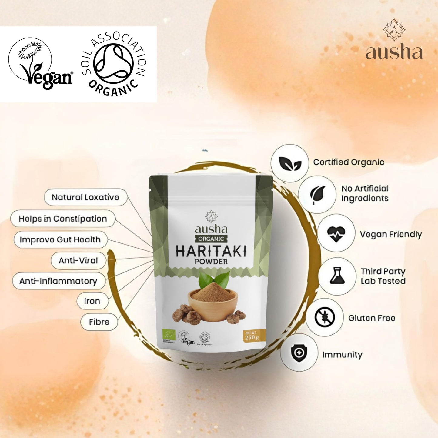 AUSHA Organic Haritaki Powder 200g - Gut Health, Constipation Relief, Immunity, Digestion - Certified Organic by Soil Association - Used in Triphala