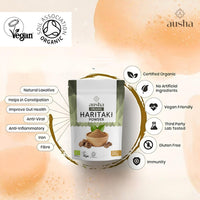 AUSHA Organic Haritaki Powder 200g - Gut Health, Constipation Relief, Immunity, Digestion - Certified Organic by Soil Association - Used in Triphala
