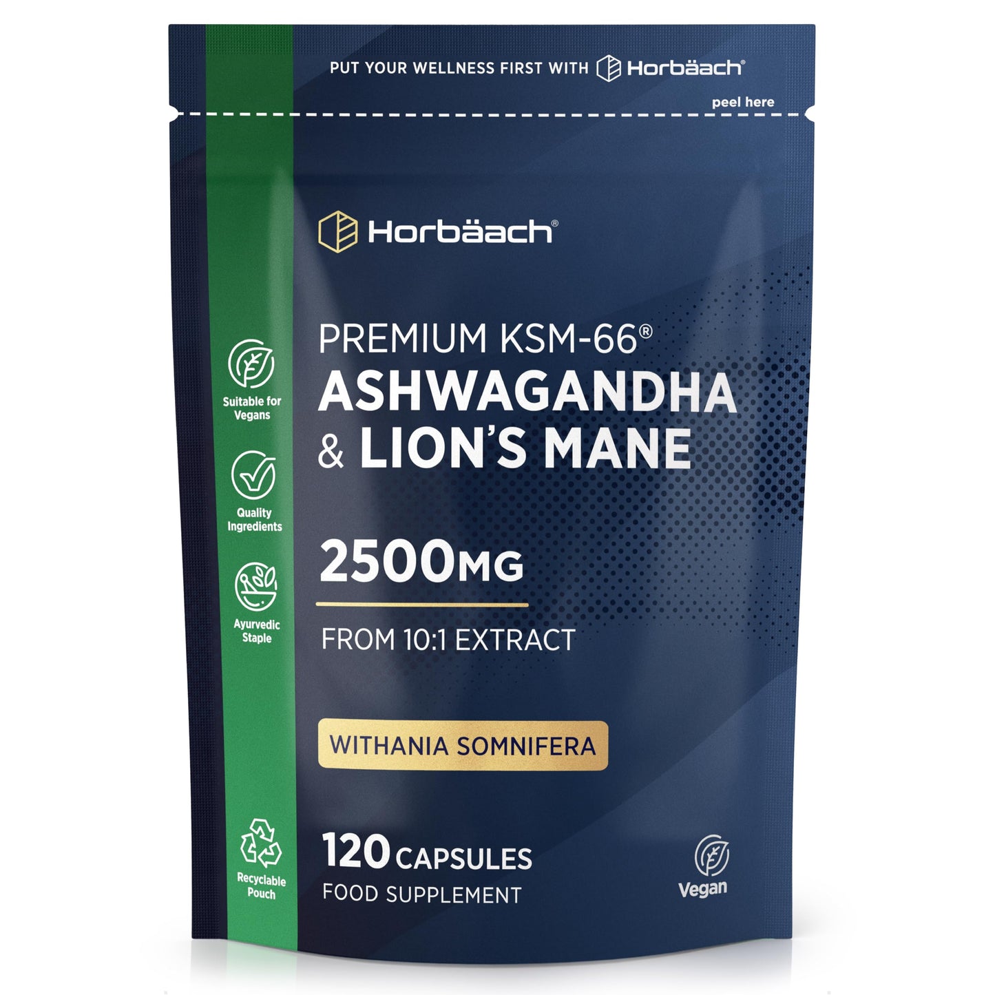 Horbäach Ashwagandha KSM-66 and Lion's Mane 2500mg Capsules | KSM-66 Ashwagandha Root Extract & Lion's Mane Mushroom Extract, Enhanced with Black Pepper | 120 Vegan Capsules | by Horbaach