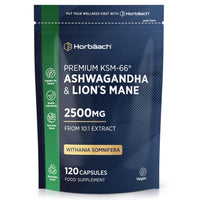 Horbäach Ashwagandha KSM-66 and Lion's Mane 2500mg Capsules | KSM-66 Ashwagandha Root Extract & Lion's Mane Mushroom Extract, Enhanced with Black Pepper | 120 Vegan Capsules | by Horbaach