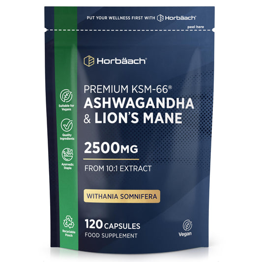 Horbäach Ashwagandha KSM-66 and Lion's Mane 2500mg Capsules | KSM-66 Ashwagandha Root Extract & Lion's Mane Mushroom Extract, Enhanced with Black Pepper | 120 Vegan Capsules | by Horbaach