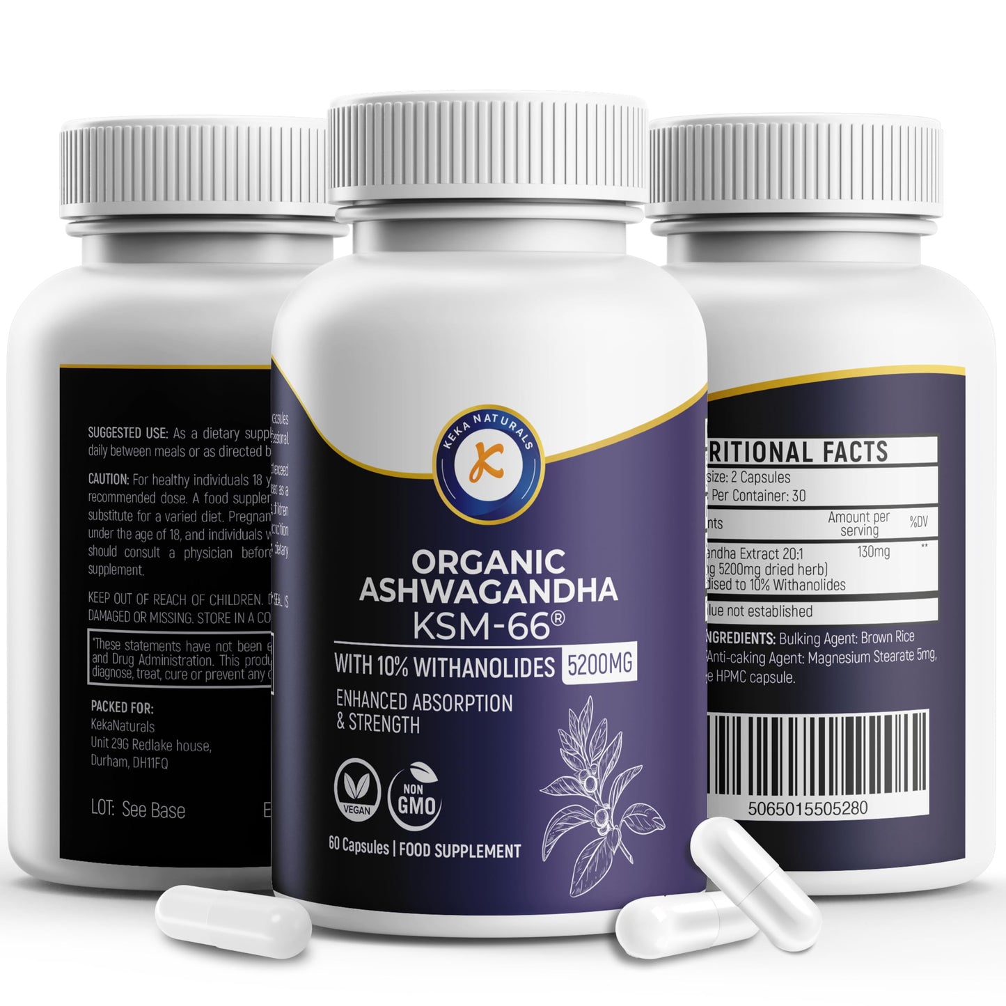 Keka Naturals Ashwagandha KSM-66-5200mg - 10% Withanolides - Enhanced Absorption and High Strength - All Natural, Non-GMO - 60 Vegan Capsules