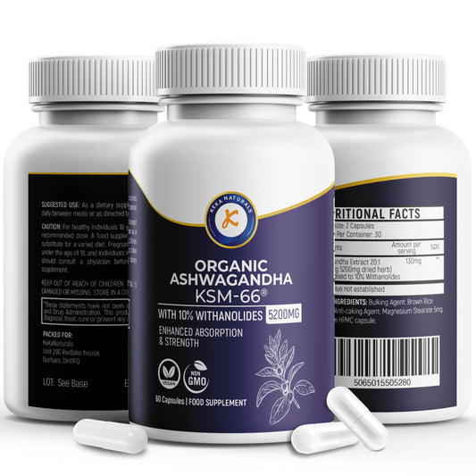 Keka Naturals Ashwagandha KSM-66-5200mg - 10% Withanolides - Enhanced Absorption and High Strength - All Natural, Non-GMO - 60 Vegan Capsules