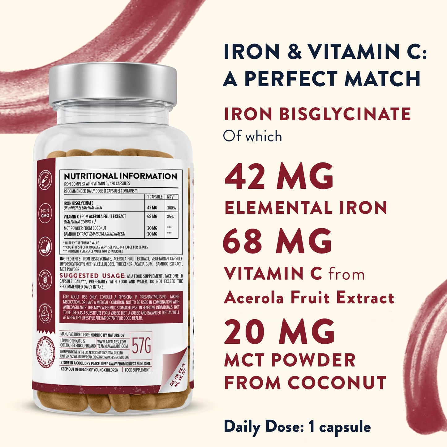 AAVALABS Gentle Iron Supplements for Women and Men - 42 mg Iron Tablets high Strength with Natural Vitamin C - Active Form - bisglycinate - Fatigue Supplements with high bioavailability - 120 Capsules
