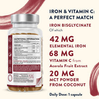 AAVALABS Gentle Iron Supplements for Women and Men - 42 mg Iron Tablets high Strength with Natural Vitamin C - Active Form - bisglycinate - Fatigue Supplements with high bioavailability - 120 Capsules
