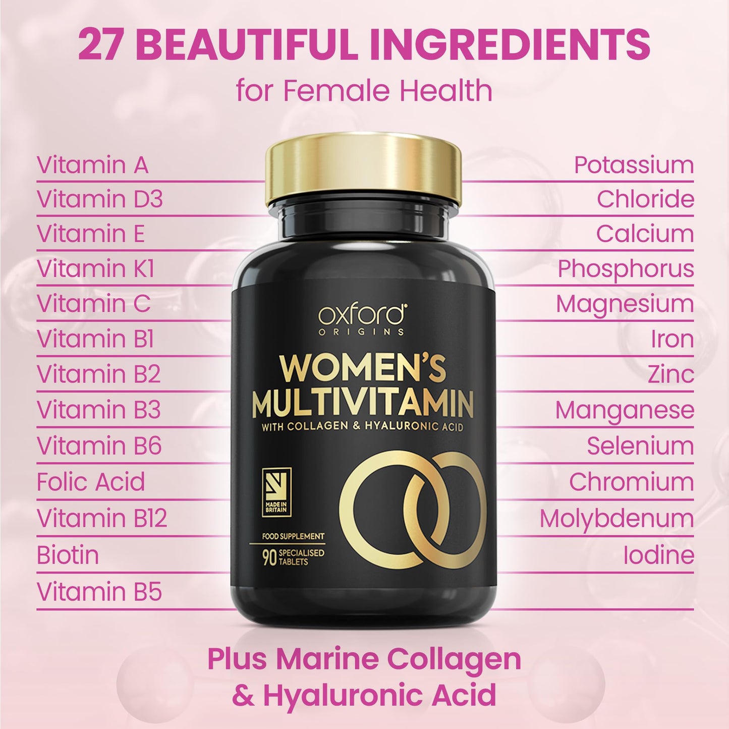 Multivitamin Tablets for Women with Collagen & Hyaluronic Acid - 27 Essential Vitamins, Minerals, & Botanicals | Womens Multivitamins, 90 Tablets, Immune System, Tiredness and Fatigue, Womens Vitamins