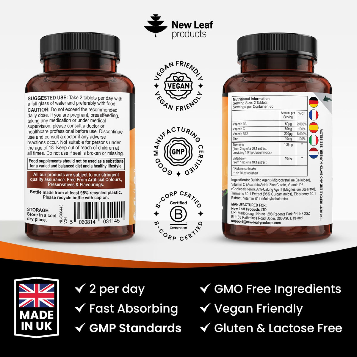 NEW LEAF PRODUCTS Vitamin D3 Immune Booster Complex - with Vitamins D,C, B12, Zinc, Turmeric & Elderberry - Immune Support - Made in the UK - Immunity Booster by New Leaf 120 Tablets